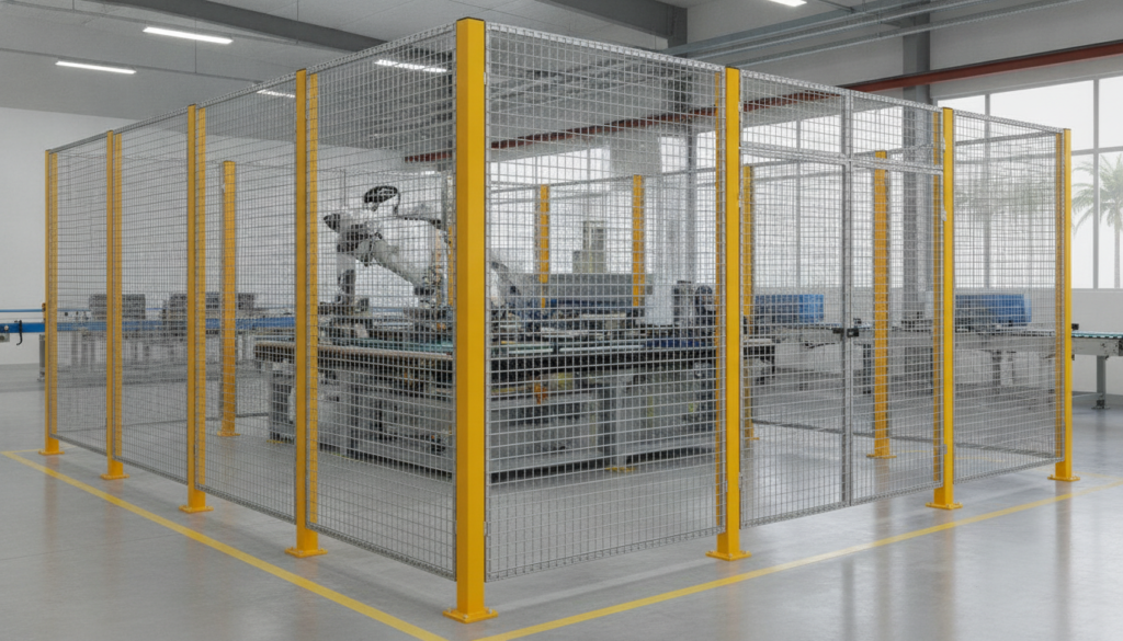 Grade de tela soldada NR12 protegendo máquina industrial